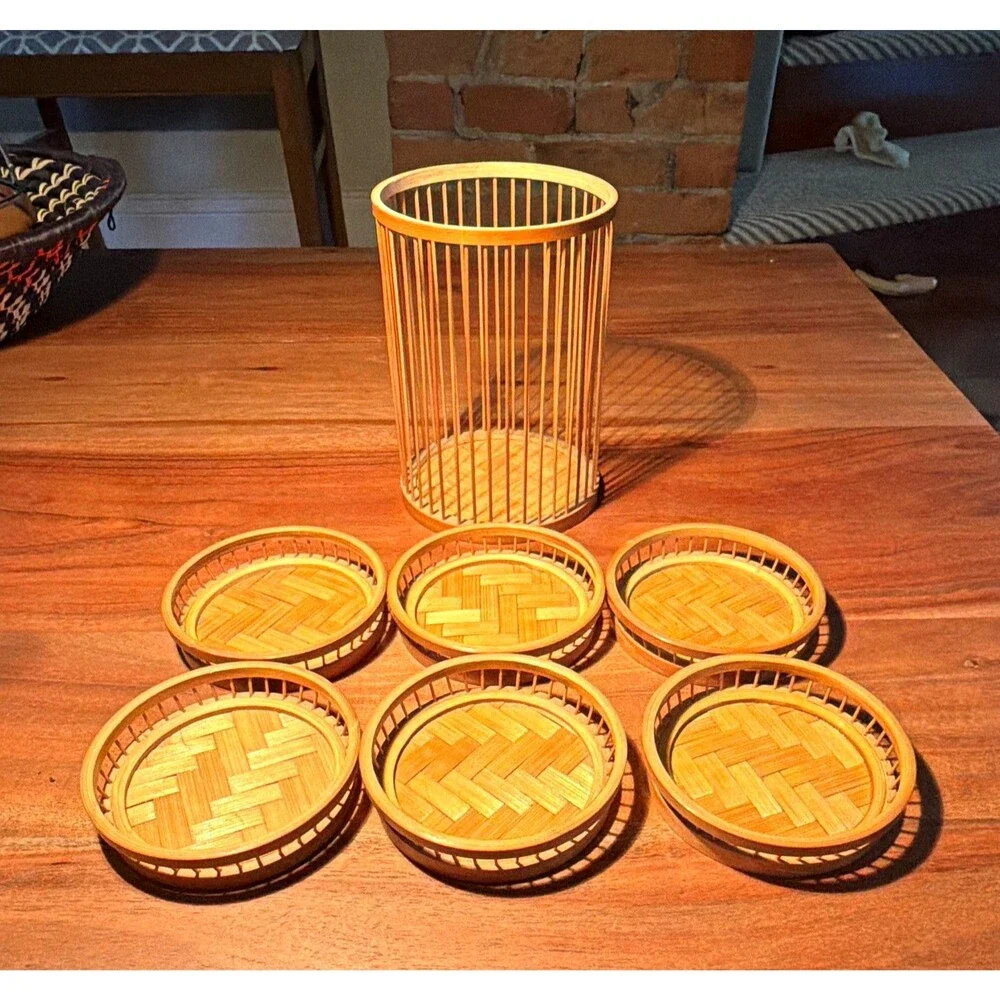 MCM/Rustic Bamboo Woven Round Coaster & Holder Set of 6 Stackable with Rack